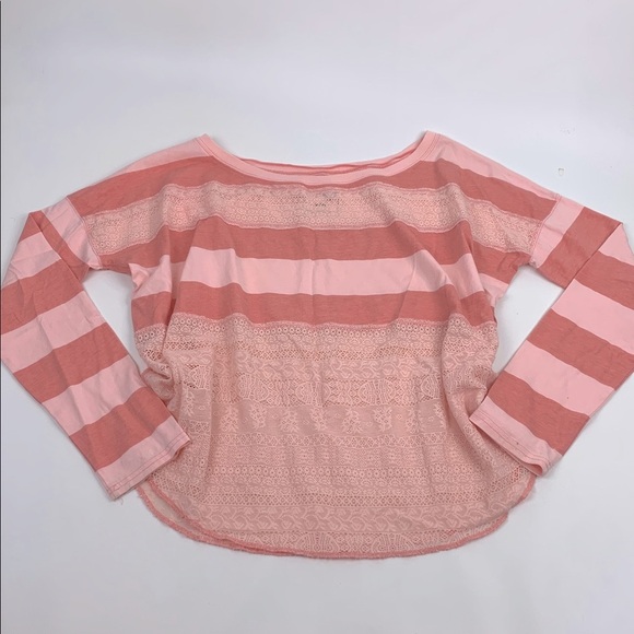 We The Free Coral Pink Striped Lace Long Sleeve Top Size Medium Oversized - Picture 1 of 14